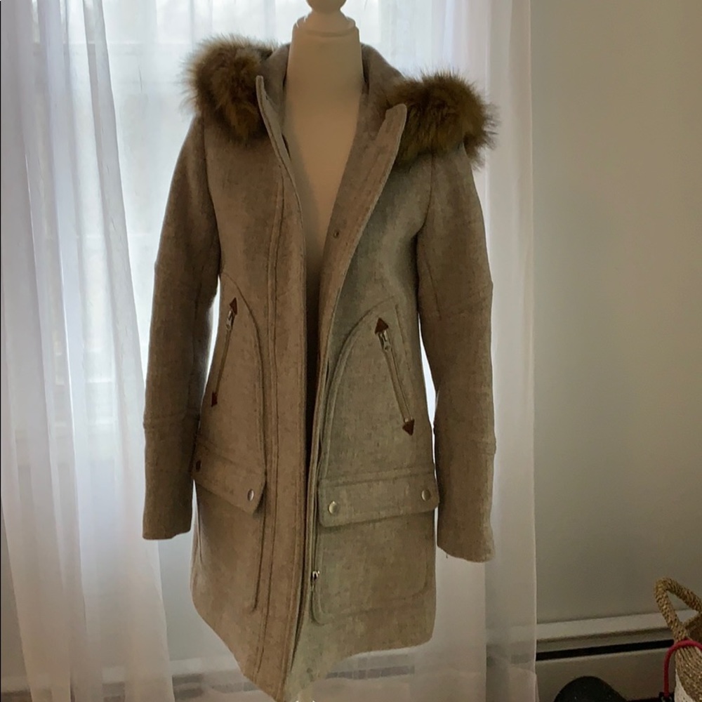 J. Crew Gray Hooded Coat with Fur Trim